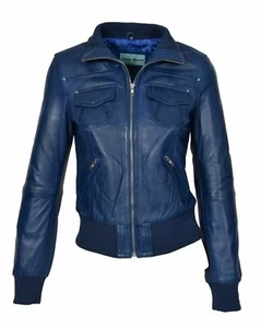 Chaqueta de cuero bombardero de piel de cordero azul de lujo para mujer piel de cordero real - Imagen 1 de 11
