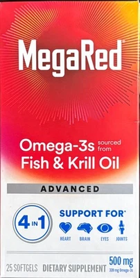 MegaRed Advanced 4 in 1 Omega 3's Fish & Krill Oil 25 Softgels Exp 08/2026 - Image 1 of 2