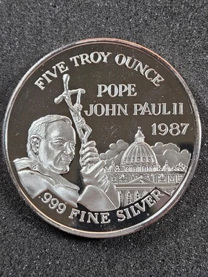 🌟 1987 Pope John Paul II Proof 5 oz .999 Silver Bullion Round Papal Visit USA - Image 1 of 4