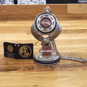 ~Harley Davidson~ Pocket Watch 1998 Franklin Mint Eagle Stand Motorcycle Works. - Picture 1 of 12