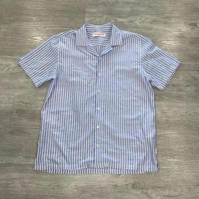 Camisa ORLEBAR MARRÓN Adulto XXL Azul Travis Cuello Campamento Manga Corta Botón Rayas Foto 1 de 4