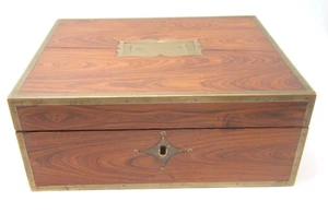 ANTIQUE ENGLISH WOOD BOX FLAMED WOOD BRASS INLAY VGC - Picture 1 of 10