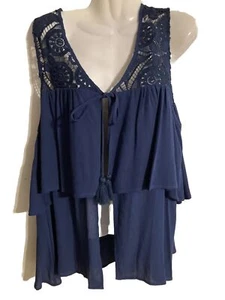 August Silk M blue sleeveless lace tiered layer open front tie Cardigan vest NEW - Picture 1 of 10