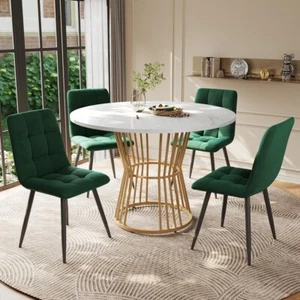 Round Dining Table & Chairs Set Marble Effect Kitchen Table with 4 Chairs Green - Picture 1 of 12