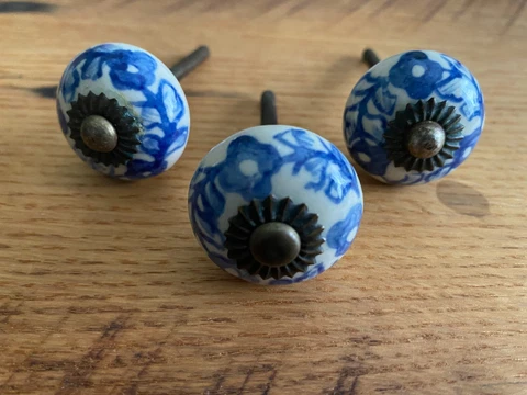 3 Vintage Antique Drawer Knobs Cobalt Blue and White Floral Cover