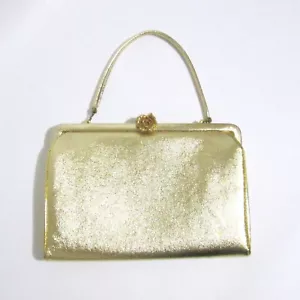 After Five Clutch Purse Faux Gold Leather Evening Bag Goldtone Rose Clasp - Picture 1 of 10