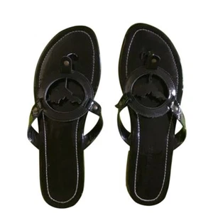 EUC Vintage 2000s Y2K Laurent Effel Black Patent Leather Logo Sandals - Picture 1 of 12