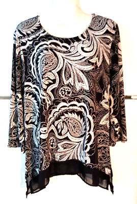 CHICO'S NEGRO BLANCO PAISLEY FLORAL GASA TIBURÓN MORDIDA DOBLADILLO TÚNICA TOP TALLA 3 XL Foto 1 de 4