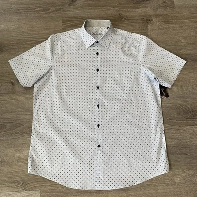 Camisa de vestir Tasso Elba para hombre talla grande blanca azul estampado geométrico manga corta Foto 1 de 4