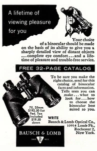1957 Bausch & Lomb: Lifetime of Viewing Pleasure Pubblicità Stampa d'epoca - Foto 1 di 1