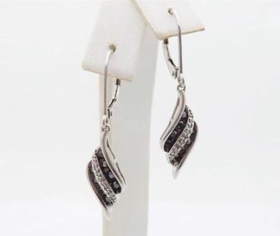 Natural Diamond Earrings Pierced Dangle Black & White Sterling Silver SE011 - Image 1 of 4