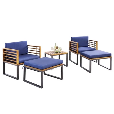 5pcs Patio Acacia Wood Cushioned Chair Ottoman Table Furniture Set Outdoor Navy - Image 1 of 4