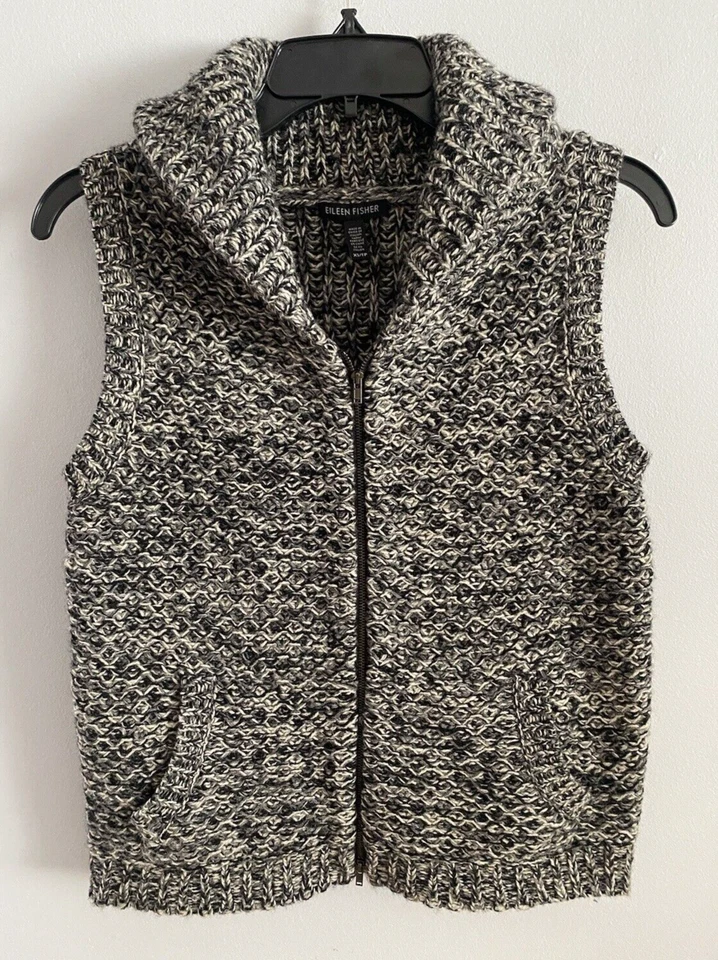 Chaleco Suéter Tejido Mezcla Lana Merino Eileen Fisher Tweedy Yak Cremallera Completa Gris XS Foto 1 de 4