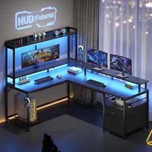 L Shaped Gaming Desk with Led Lights and Monitor Shelf 94.4" Home Office Desk
