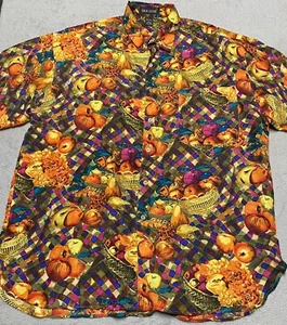 Vintage Silk Shirt Mens Large Fruit All Over Print Party Fruit Basket 90s Button - Picture 1 of 7