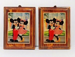 Set of 2 Disney Mickey Minnie Mouse Wooden Pictures Varnished Laminate Vintage