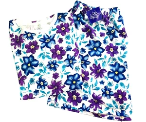 NWT Woman Plus Read 2 Piece Pajama Lounging Set Short Floral Purple Blue Cotton - Picture 1 of 17