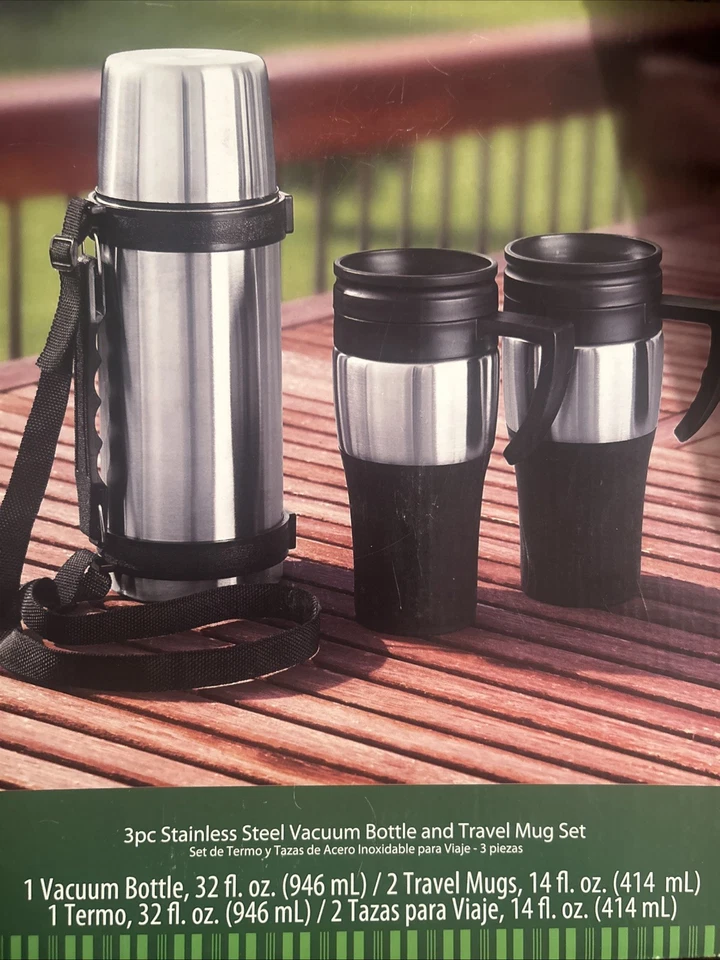 Juego de 3 botellas de vacío de acero inoxidable y tazas de viaje - Caja abierta nueva Foto 1 de 1