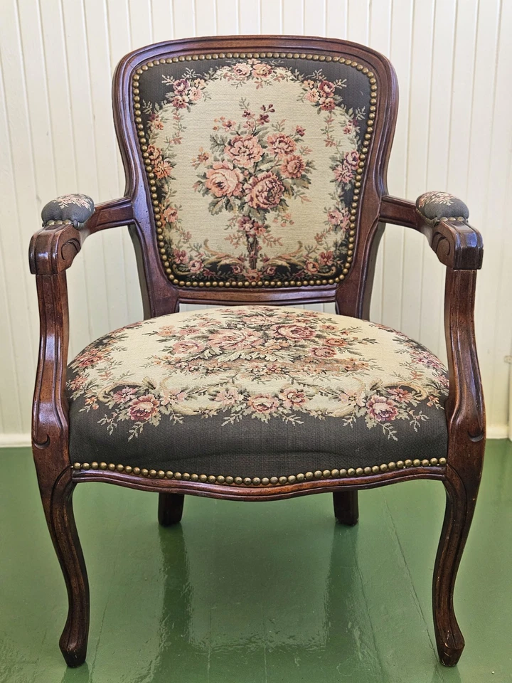 Louis XV Vintage French Provincial Floral Tapestry Fabric Arm Chair - Image 1 of 4
