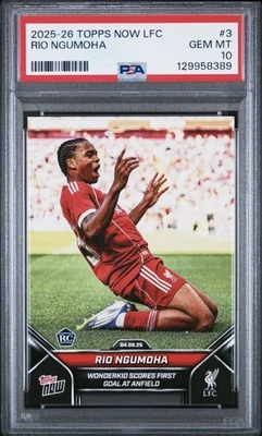 2025-26 Topps Now LFC Rio Ngumoha #3 RC Rookie Wonderkid Primer Gol PSA 10 (CANTIDAD) Foto 1 de 3