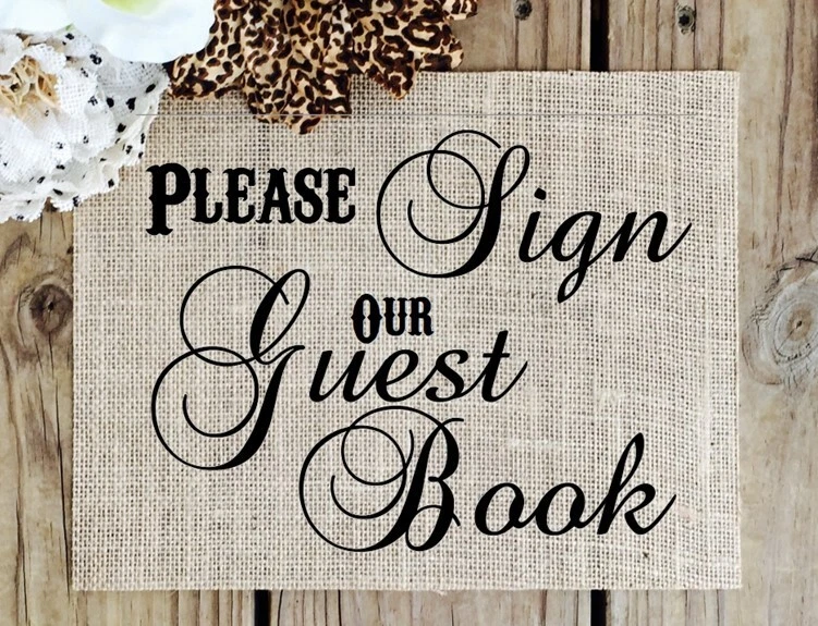 Letrero "Firma nuestro libro de visitas", letrero de boda, decoración de boda, letrero de arpillera Foto 1 de 1