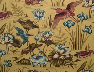 1.8 Metre Siyuri Water Lily Birds Mimosa Linen Blend Curtain Upholstery Fabric - Picture 1 of 15