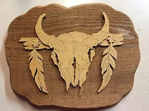 WESTERN WALL ART Scroll Carved WOOD BUFFALO SKULL- FEATHERS Plaque Southwestern - Picture 1 of 10