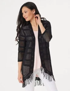 H Halston Black Draped Textured Knit Cardigan Fringe Tassel Hem Sweater New - Picture 1 of 6