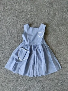Vintage Handmade Pinafore Sun Dress Blue Gingham Heart Pockets Buttons 6-8 READ - Picture 1 of 12