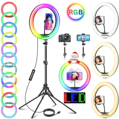 12'' RGB Multi Colour LED Selfie Ring Tripod Stand Phone Holder Makeup Tiktok - Image 1 of 4