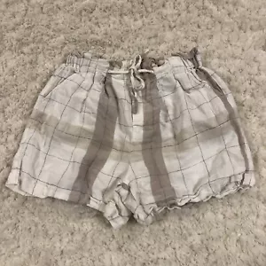 Mo:vint NY Lagenlook Small Shorts Linen Hi-Rise Elastic Waist Plaid Paper Bag - Picture 1 of 11