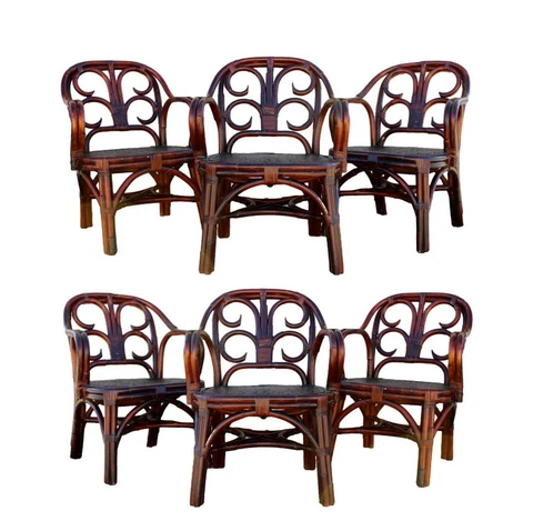 Vtg Set Of 6 Ralph Lauren Rattan Bent Bamboo With Woven Seats Dining Arm Chairs Cover