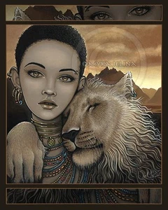 African Princess Lion Cat Zariel Akachi Fairy CANVAS Print Signed Myka Jelina - Picture 1 of 2