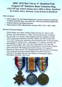 WW1 Medal Trio to 1st Bradford Pals. 16th Battn. West Yorkshire Reg. No. 1105 - Picture 1 of 9