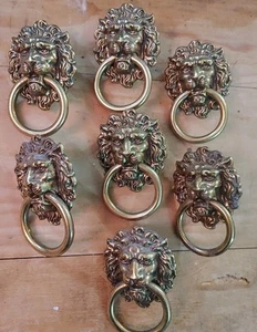 7 Vintage Brass Lion Head Drawer/Cabinet Drop Bail Ring Pulls Hardware - Picture 1 of 12