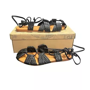 Free People NIB Sunny Gilly Flat Sandals Lace Up Gladiator Black Size 8 MSRP$128 - Picture 1 of 7