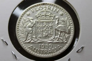 * 1959 SILVER FLORIN IMPAIRED (PVC) PROOF PREDECIMAL COIN SUBDUED LUSTRE #BEJ36 - Picture 1 of 11