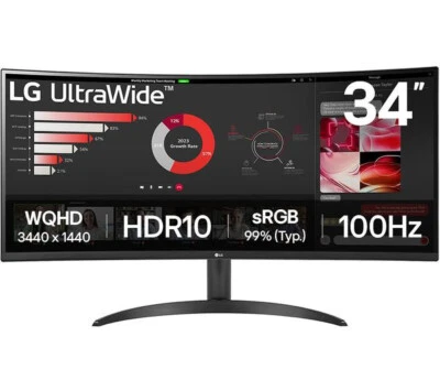 LG 34WR50QK-B 34" MONITOR ULTRAWIDE QUAD HD 1440P CURVED LCD HDMI DISPLAYPORT - Image 1 of 4