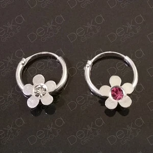925 Sterling Silver 10mm Sleepers Hoops Earrings Flower Charm Huggies Girls Kids - Picture 1 of 3