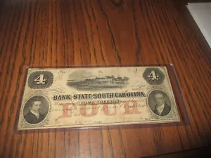 1856 $4 BANK OF THE STATE OF SOUTH CAROLINA CIVIL WAR ERA NOTE - Picture 1 of 4