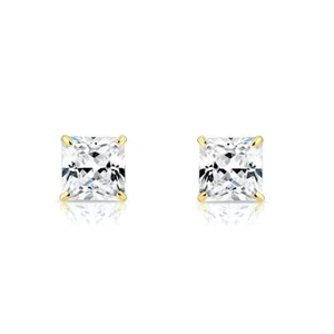 Aretes solitarios cuadrados de diamantes simulados de princesa de 1,50 quilates de oro amarillo de 14 quilates - Imagen 1 de 3