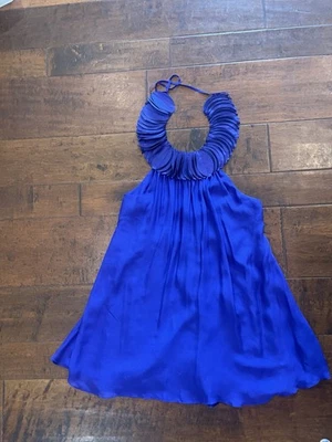 New Marciano Sz S Blue Purple Silk Halter Tiered Satin Collar Detail Lined Dress - Image 1 of 4