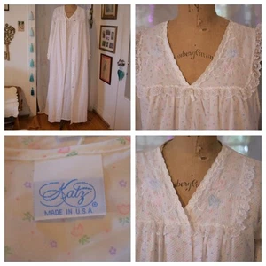 vtg KATZ White Floral Long Nightgown Robe Set LACE Cottagecore Victorian L EUC - Picture 1 of 16