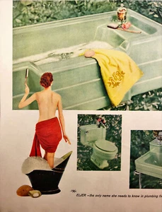 Eldger Plumbing Fixtures 1955 anuncio impreso vintage mujer bonita toalla de baño cubo de hielo - Imagen 1 de 7