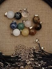👀 Pics & Desc! Natural Gemstone Sphere pendant cord faux leather vegan necklace