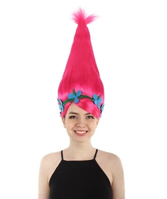 Adult Women's Premium Princess Troll Pink Wig with Blue Flower Headband,HW-6946 - Image 1 of 4