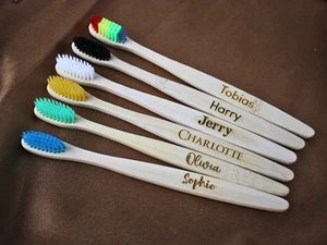 Personalised Set of 6 Bamboo Natural 100% Eco-Friendly Engraved Toothbrush - Picture 1 of 12
