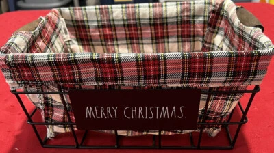Rae Dunn Metal Christmas Basket Plaid Material MERRY CHRISTMAS 12”x9”x5” - Image 1 of 4