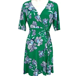 Vince Camuto Green Floral Wrap V-Neck Short Sleeve Stretch Dress Jersey Knit 6 - Picture 1 of 17