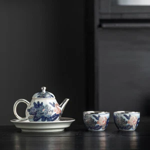 Boutique Tea Set Ceramic Pure Silver Tea Pot Gaiwan Matching Tea Cup Handpainted - Picture 1 of 15